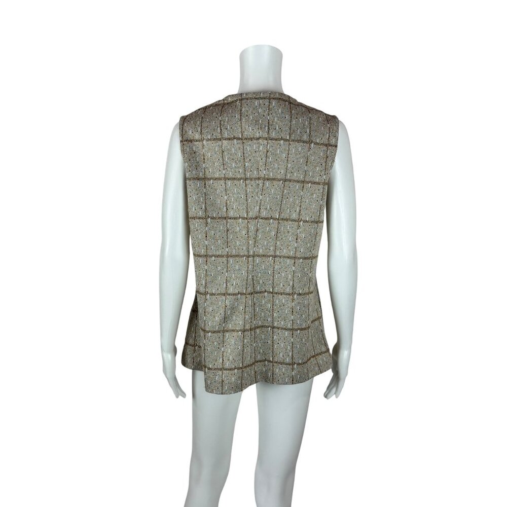Vintage 70s Long Vest Women's Large Beige Polyester Blue Spotted Button Down Top - Picture 7 of 10